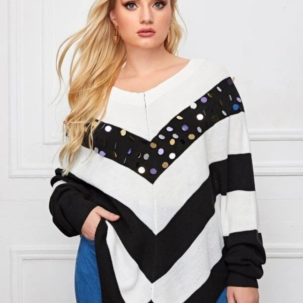 Plus Chevron Color block Sequin detail sweater New